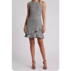 Julia Jordan Black White Houndstooth Ruffle Hem Mini Dress Chic Size 4